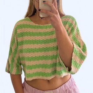 Urban Outfitters Green & Cream Striped Cropped Sweater | Size S